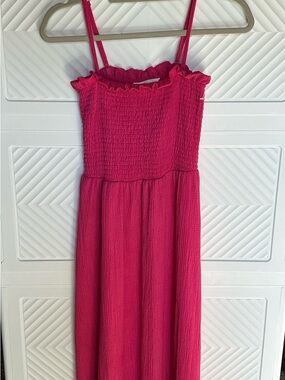 H&M Pink Smocked Midi Dress with Ruffled Neckline